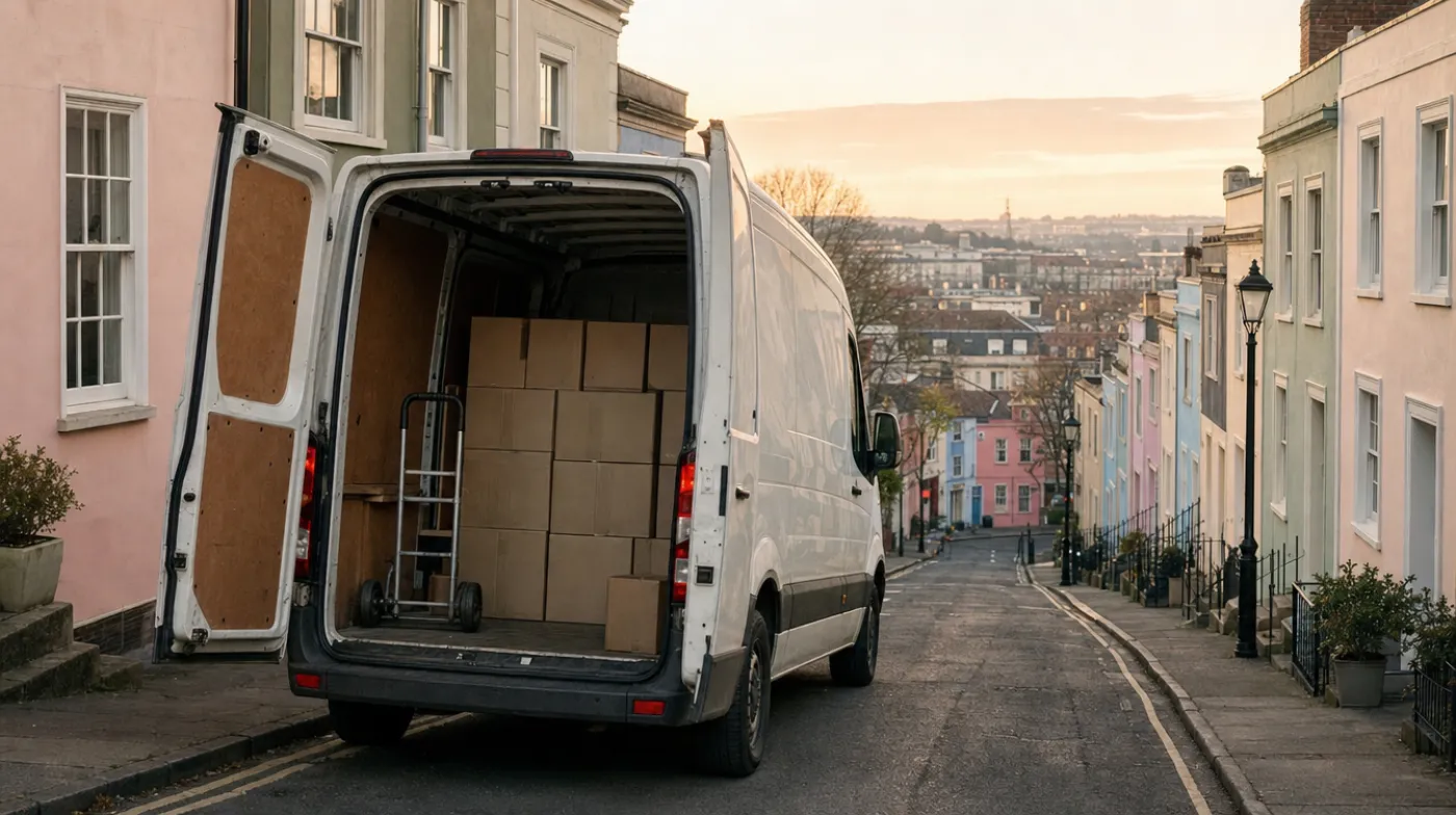 A plain white delivery van on a Bristol street at dawn
